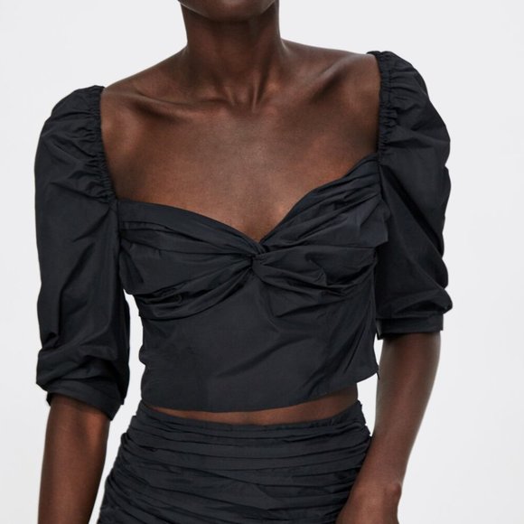 NWT Zara Black Taffeta Ruched Draped Crop Top - Picture 1 of 6